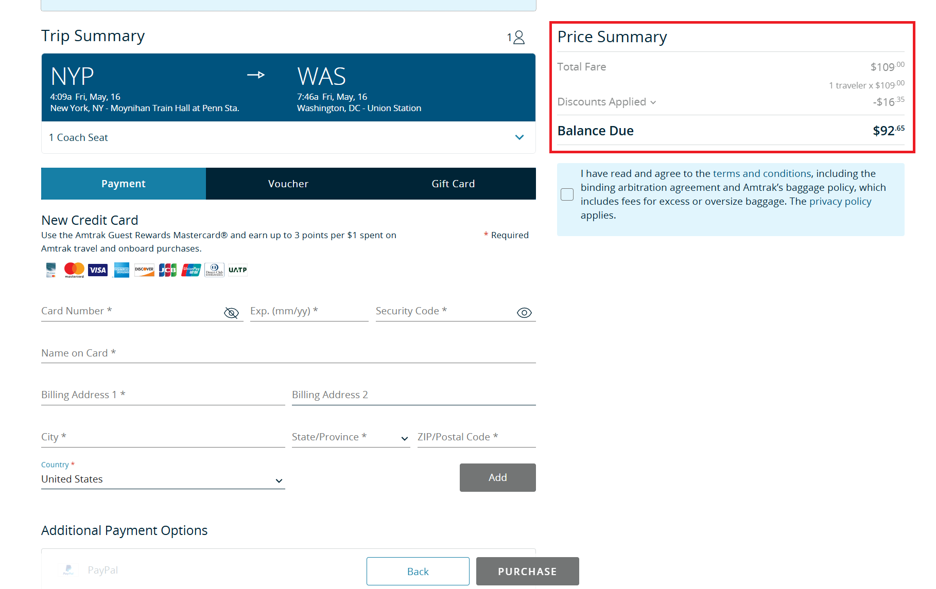 amtrak trip summary student discount balance due